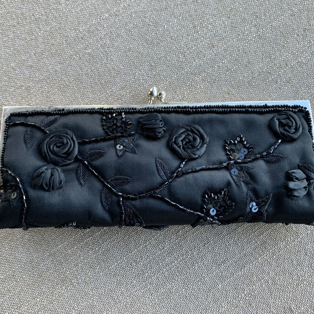 Black silk evening clutch/bag with beaded details, convertible to carry 3 ways!